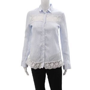 Wallmann Women Striped Collared Button-Up Shirt Light Blue Long Sleeve Size S